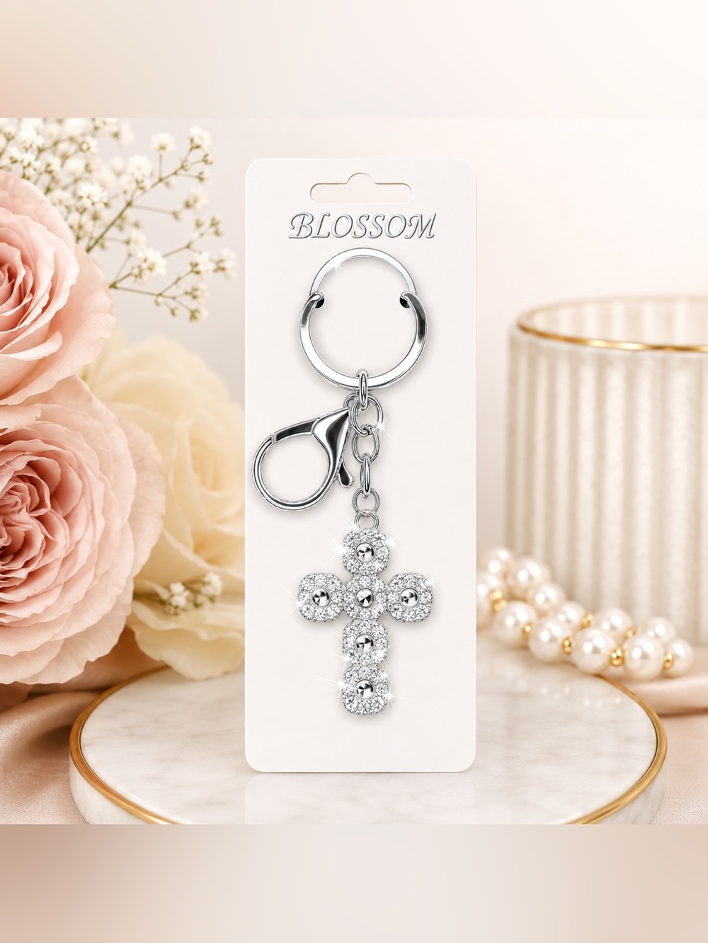 Silver Crystal Cross Keychain